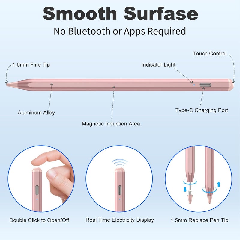 COO Stylus Pen for iOS&Android Touch Screens, Active Pencil for Samsung, Smart Digital Stylus Pens for Lenovo/Huawei/Vivo/Mi Tablets, iPhone/Google Pixel Smart Phones Drawing&Writing (Rose Gold) - Image 5